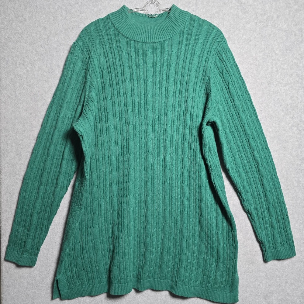 Lands' End Women's Size L 14 -16 Mock Neck Sweater Green Cotton Cable Academia